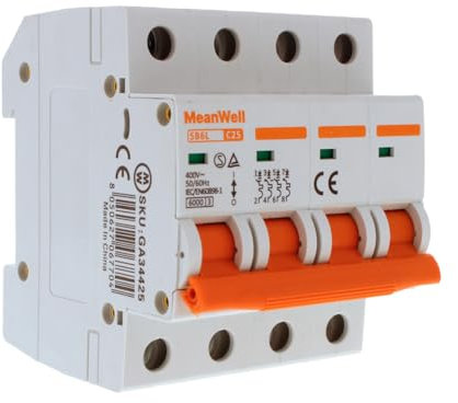 MeanWell Disjoncteur triphasé, Disjoncteur magnétothermique Courbure C, 4P 6kA, 4 modules DIN, Miniatures Circuit Breaker, MCB 4P C25 25A