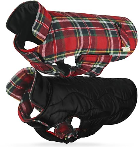 VIVAGLORY Softjoy Hundemantel, Wintermantel mit Bauchschutz & Klettverschluss, Hundejacke für Winter & Weihnachten, Warm Softshell Kariert Schnittmuster Verstellbar, S, Rot
