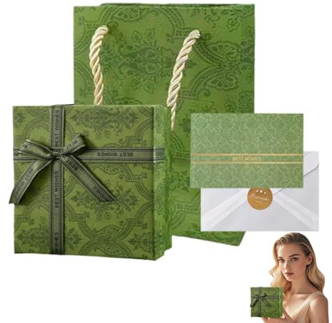 Grün Große Geschenkbox Set - Qualitätsvoller Geschenkkarton mit Deckel für Geburtstag, Weihnachten - Geschenkbox Groß mit Exquisite Grußkarten, Geschenktüten - Perfekt für Herren, Damen