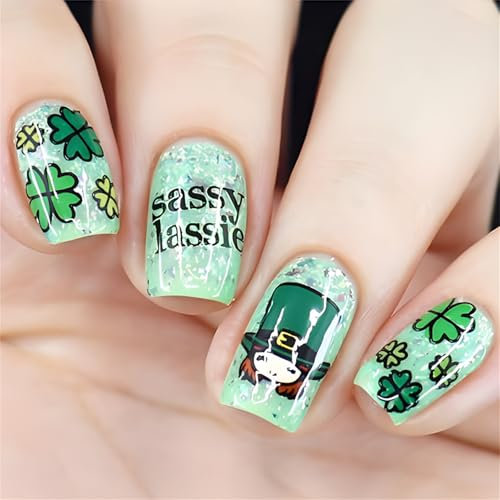 24Pcs Short Green Shamrock Press On Nails Full Covers False Nails Manicure Nails Accesories For Patrick's Day Party Look