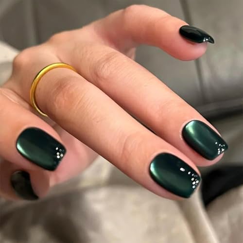 Yamobi 24 Pieces Cat Eye Press-On Nails, Medium Size, Artificial Nails, Square Artificial Nails, Shiny Designs Complete (Green)