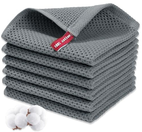 KASURE 6 Stück Geschirrtücher 100% Baumwolle, 34cm*34cm Weiche Geschirrhandtücher, Saugfähige Küchenhandtücher, Spültuch, Microfaser Putztücher(Dunkelgrau)