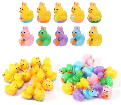 50stk Oster Enten aus Harz, 5 Farben Miniatur Enten mit Hasenohren und Karotte Hasen Ente im Ei als Dekoration und als Gastgeschenk für die Osterparty(Blau, Rosa, Grün, Lila, Orange)