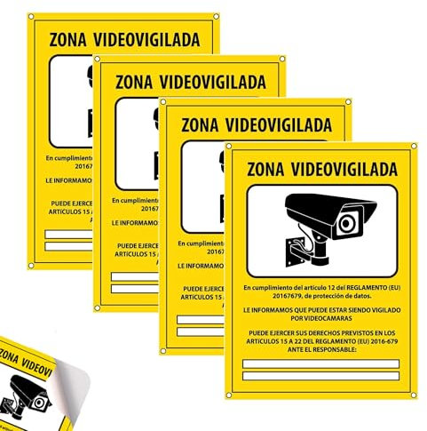 Pack de 4 Carteles de Videovigilancia para Interior o Exterior - 20 x 15 Cm - Placa Amarilla con texto Homologado - Fabricada en PVC, Autoadhesivo y Pretaladrado - Apta para todo tipo de superficies