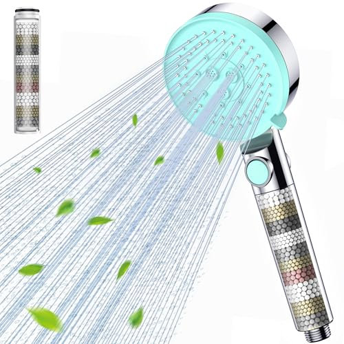 Gritin Duschkopf mit Filter, Hochdruck Handbrause Wassersparend, 5 Strahlarten, Verchromte Duschbrause mit One-Touch Wasserstopp-Taste, Werkzeuglose Installation, Ideal für Hartes Wasser, Blau