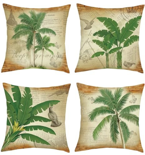 Joymaison Summer Palm Tree Cushion Covers 45 x 45 Pack of 4 Vintage Botanical Palm and Banana Leaves Square Throw Pillow Case Decorative Sofa Cushion with Invisible Zipper