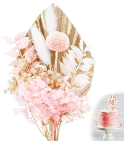 Dried Flowers for Crafts, Dried Flowers Bouquet Cake Decorations, Pink Real Dried Flowers Gold Palm Leaves Cake Topper, Cake Insert Decorations for Wedding Birthday Party Baby Shower