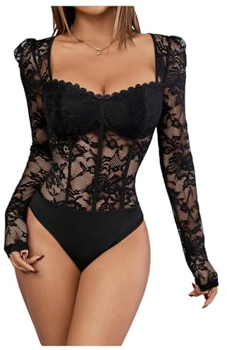 GORGLITTER Women's Floral Lace Bodysuits Long Sleeve Tops Sexy Leotards | See Through Lace Bodysuit, Long Sleeve Bodysuit Women, Sweetheart Neck Top, Puff Sleeve Top, Going Out Bodysuit