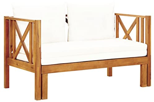 Qnhdfrt 2-Sitzer Gartenbank mit Cremeweißen Kissen Massivholz Akazie 122 cm Erweiterbar zu Tagesbett für Garten Balkon und Esszimmer