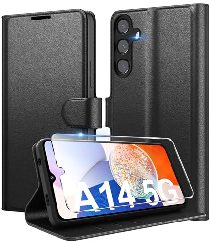 Eirltiy Cover per Samsung Galaxy A14 5G Portafoglio Pelle PU Premium, Custodia Scomparti Carte Antiurto Protettiva Case con 1 Vetro Temperato, Nero