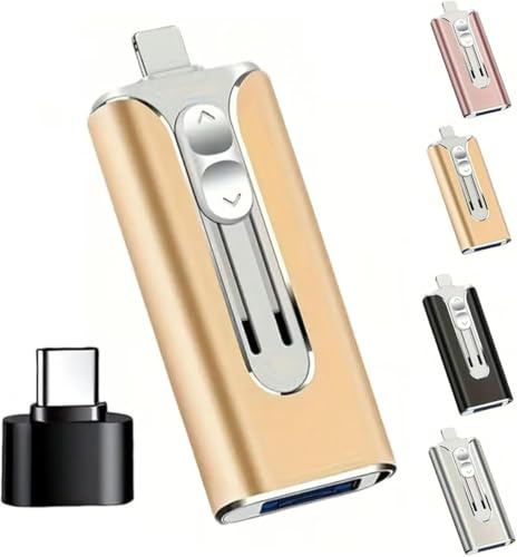 Periodicali Clé USB 3 en 1, 32 ~ 256 Go Micro USB + 8 broches + USB 3.0 3 en 1 pour téléphone portable, ordinateur avec adaptateur de type C pour téléphones/PC pour photos et fichiers vidéo (doré, 128