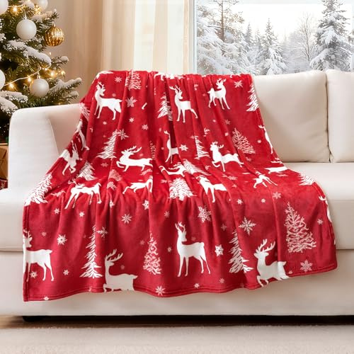 JOTOM Soft Red Christmas Throw Blanket Deer Christmas Trees Snowflakes Fluffy Plush Winter Warm Couch Fleece Blanket for Home Sofa Bed Travel 127x152cm (Red)