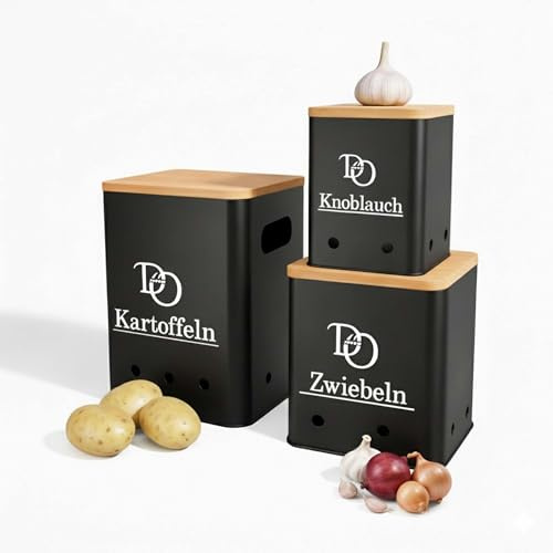 Domi & lo Kartoffel Aufbewahrungsbox 3er Set – Zwiebeltopf, Kartoffeltopf & Knoblauchtopf – Zwiebel Aufbewahrung, Kartoffel & Knoblauch Aufbewahrung, länger frisch (Schwarz, Größe L)