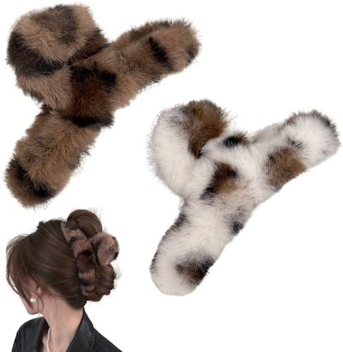 CutitiUU 2 Pcs Weicher Plüsch Haarklammern,Herbst/Winter Plüsch-Greifzange mit Leopardenmuster,große Größe Elegant Haarspangen,Haarspange mit Leopardenmuster,Weiß+Kaffee