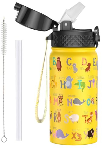 OLDLEY 420ml/14oz Kids Stainless Steel Water Bottle with Straw for School Insulated Metal Water Bottles Leakproof Double Wall Vacuum Small Flask Keep Drinks Hot Cold for Boys Girls (Yellow Alphabet)