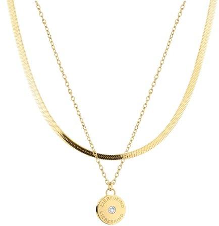 LIEBESKIND BERLIN Halsketten-Set mit Zirkonia-Stein - Zwei elegante Halsketten aus poliertem Edelstahl - IP Gold - Schlangenkette verstellbar bis 45 cm - wasserfest & hautfreundlich