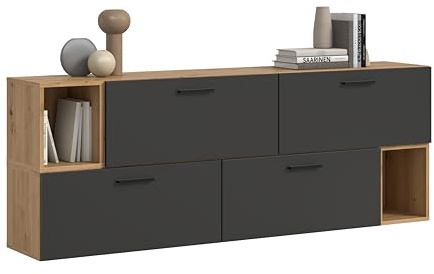 xonox.home – Wohnkombination The One 176x97x34 cm in Artisan Oak und Basalt – Wandkombination mit 4 Klappen – 10 Fächer bieten reichlich Stauraum & EIN natürliches Design mit modernem Basalt-Ton