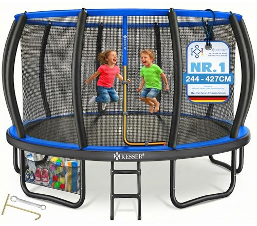 KESSER Trampolino esterno Ø 244/305/366/427 cm, certificato GS trampolino da giardino per bambini e adulti < 150 kg con rete di sicurezza, inclusa borsa, scala, copertura del bordo e aste in rete