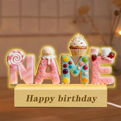 Collienght Personalisierte Süßigkeiten- und Desserts-Themen-Namensbuchstabe, LED-Nachtlicht, Eiscreme, Acryl-Schild, Plakette für Schlafzimmer, Wohnzimmer, benutzerdefiniert, kreativ