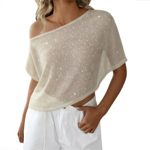 Coberturas de playa para mujer, estilo poncho asimétrico brillante con hombros descubiertos, tops de ganchillo para mujer, suéter ligero y transparente, blusa hueca