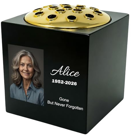 MOSILIMA Personalised Memorial Grave Flower Vase, Rose Bowl, Customisable Photo Text Grave Marker Flower Pot Vase (Style A)