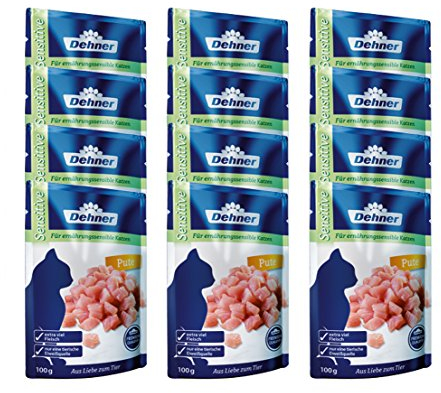 Dehner Premium Katzenfutter Sensitive, Nassfutter, für ernährungssensible Katzen, Pute, 12 x 100 g Beutel (1.2 kg)