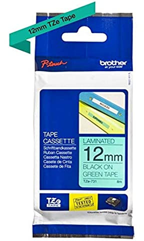 Brother TZe-731 Labelling Tape Cassette, 12 mm (W) x 8 m (L), Laminated, Brother Genuine Supplies - Black on Green