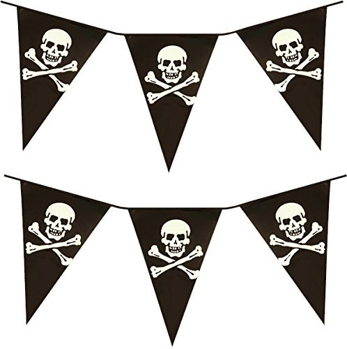 VALUE TWIN PACK Black & White Colour Pirate Skull & Crossbones Pennant Bunting Indoor/Outdoor Party Decoration Banner Total Approx 22 Flags 24 Foot