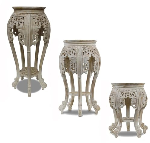 Oriental Galerie Rundhocker Pott Blumenhocker Beistelltisch Nachttisch Teak Holz Hocker Barock Massiv, Farbe:Whitewash, Größe:65 cm