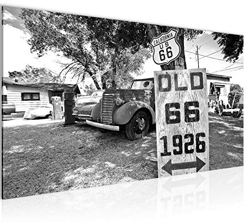 Runa Art Wandbild Auto Route 66 1 Teilig 100 x 40 cm Modern Bild auf Vlies Leinwand Vintage Wohnzimmer Schwarz Weiss 609812c