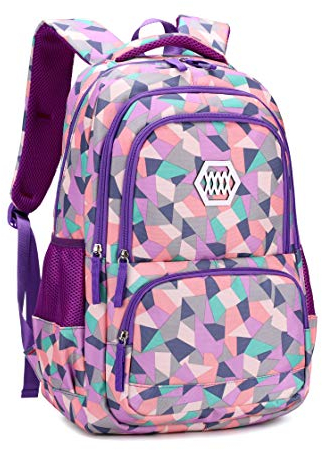 Bansusu Geometric Purple School Backpacks for Girls, Water-resistant Girls Backpacks for School Kids Elementary Bookbags, Purple-L