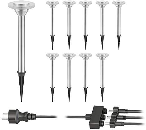 ledscom.de 10er Set LED Gartenleuchte ALF chrom matt mit Erdspieß für außen, IP44, je 70lm, warm-weiß