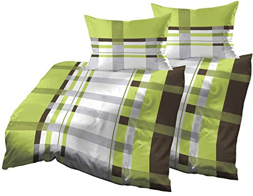 Gerald Wittmann 4teilig Bettwäsche-Set 2X 140x200 cm + 2X 70x90 cm, Baumwolle Mako Satin, Kariert Grün Braun Weiß