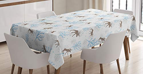 ABAKUHAUS Weihnachten Tischdecke, Winter Retro Wald, Schmutzabweisent mit Modernster Druck Technologie Waschbar Klare Farben, 140 x 240 cm, Braun Blau