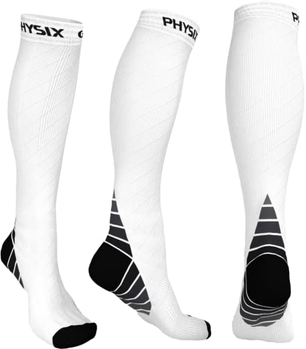 Physix Gear Sport Kompressionsstrümpfe Damen & Herren Stützstrümpfe (20-30mmHg) für Wassereinlagerungen, Flugreisen & Sport Kompressionssocken Langlebige Laufsocken Compression Socks WEIß XXL