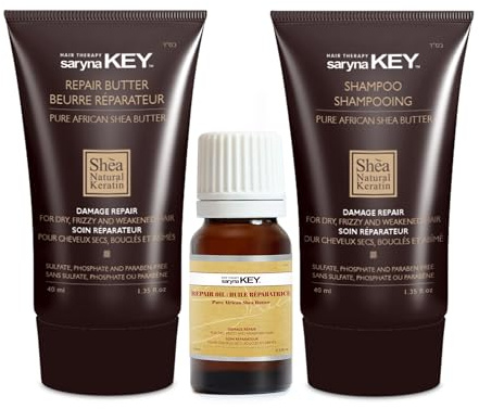 Saryna Key Damage Repair Treatment Kit – Shea Butter Mask, Shea Shampoo, Shea Oil - For Dry, Frizzy & Weakened Hair with Pure African Shea Butter - Travel Size Mini Kit