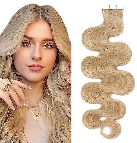 SEGO Tape Extensions Echthaar GEWELLT 20zoll/50cm 20 Stück Klebeband Haarverlängerung 50G mit 10 PCS Doppelseitig Ersetz-Klebestreifen Honigblond/Hellblond #18p613