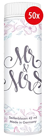 PUSTEFIX Seifenblasen Set I 50 x Klassik 42ml Hochzeit Mr. & Mrs. Blumen I Hochzeits-Bubbles Made in Germany I Seifenblasen für Hochzeit, Standesamt, Polterabend, Geburtstag I 50 x 42 ml Vorteilspack