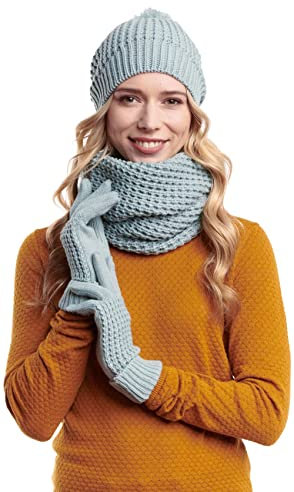 Hilltop Winter Kombi Set aus Loop-Schal, passender Strickmütze und Handschuhe, 3-teilig, Geschenk für Frauen, Farbe:Stone
