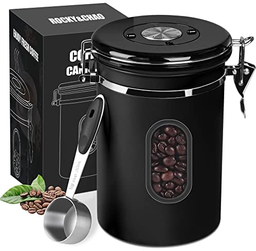 ROCKY&CHAO Kaffeedose Luftdicht aus Edelstahl 1,8L Kaffeebhnen Behälter Vorratsdose für Tee Nüsse Kakao Länger und Frisch Bleiben (Schwarz)
