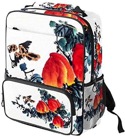 Sac à dos décontracté pour ordinateur portable, sac de travail tendance avec peinture à l'encre florale et impression blanche pour femme/fille/homme