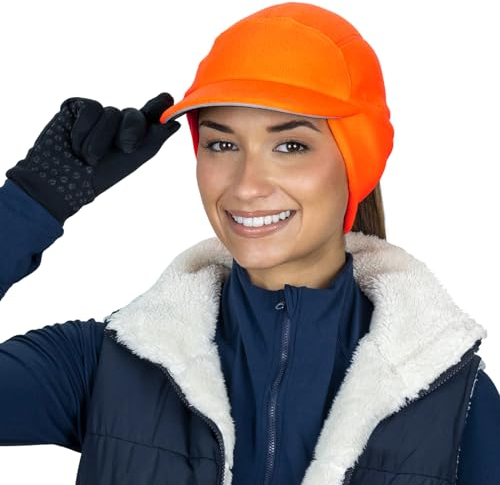 TrailHeads Mütze Damen – Fleece Cap Damen Pferdeschwanz – Wintermütze - Trailblazer Reflektierende Sport Winter Mütze mit Loch für Zopf - orange