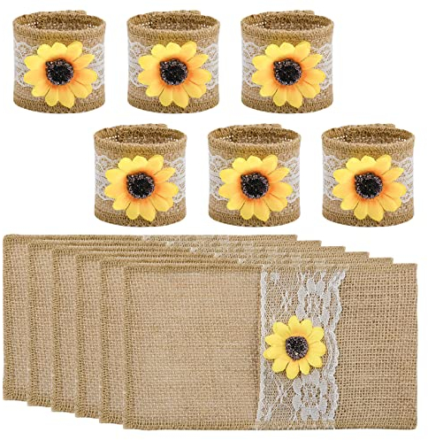CRAFFANCY 6 Stück Jute-Serviettenhalter-Set, Naturleinen, Sonnenblume, Spitze, Bestecktasche & Serviettenringhalter für Tischdekoration