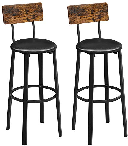 VASAGLE Bar Stools, Set of 2 PU Upholstered Breakfast Stools, Counter Height Stool, Footrest, Simple Assembly, Industrial, for Dining Room Kitchen Counter Bar, Rustic Brown and Classic Black LBC069B88