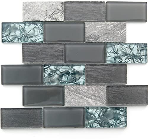 Ferrara Stone and Glass Bricks Gloss Mosaic Tiles Sheet for Walls Floors Bathrooms Kitchen (Full Sheet 30 x 30cm)