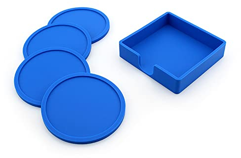 10cm/3.94inch Coasters Set Round Silicone Rubber Coaster Cup Pad Mat Anti-scald Non-Slip for Home/Bar Coffee Tea Drink Use Insulate&protect furniture Coffee Beer Mug WineGlass Bottle (Blue, 4)