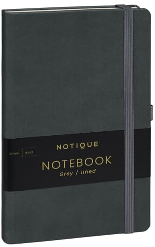 NOTIQUE Notizbuch Liniert, Hardcover Notizbuch, Notizheft, Journal, Tagebuch mit Gummiband und Stifthalter 13x21cm, 192 Seiten (Grau, Liniert)