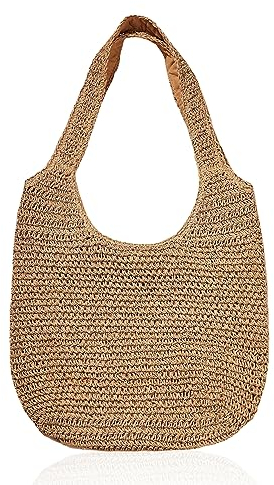 Sac en Paille pour Femme - Fourre-Tout Tissé à la Main pour Plage d'Été, Bandoulière Rétro, Grande Capacité pour Travail, Voyages, Vacances (Couleur Kaki)