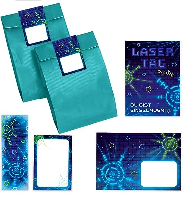 12 Einladungskarten zum Kindergeburtstag Lasertag Laser Tag Mädchen Jungen incl. 12 Umschläge, 12 Partytüten/petrol, 12 Aufkleber, 12 Lesezeichen, 12 Mini-Notizblöcke Einladungsset