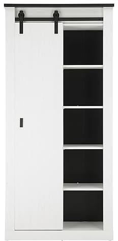 Stauraumschrank Hochschrank in weiß Pinie Holz und schwarz/anthrazit Mehrzweckschrank Wohnzimmerschrank Esszimmerschrank oder Aktenschrank im Büro im industriellen Stil Stove (Schrank 1)